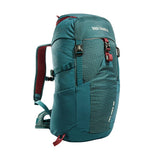 A blue and green Tatonka Hike Pack with multiple pockets, red accents, adjustable straps, and a ventilated mesh back panel.