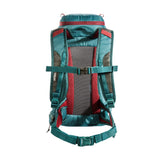 Tatonka Hike Pack by Tatonka in turquoise and red, made from recycled materials, featuring padded shoulder straps, adjustable chest and waist straps, and a ventilated mesh back panel for breathability.