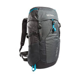 A black and grey Tatonka Hike Pack hiking backpack with blue accents, made from recycled materials and featuring multiple compartments.