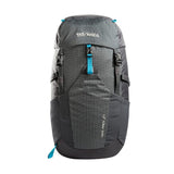 A gray and black Tatonka Hike Pack with blue accents, featuring multiple compartments, a ventilated mesh back panel, and the brand logo "Tatonka" on the top front.