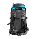 A Tatonka Hike Pack with adjustable shoulder straps, a padded back, and a hip belt. It features blue accents, multiple compartments, and a ventilated mesh back panel for added comfort. Made from recycled materials, it's perfect for eco-conscious adventurers.