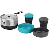 Discover the Sea to Summit Alpha Cook Set 2.1: a durable cookware set featuring a metal pot with lid, ergonomic handle, two bowls, and two mugs with lids in teal and black. This lightweight collection from Sea to Summit is perfect for all your camping adventures.
