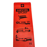 The Survival Moldable Splint, a red first aid essential with black instructional images and text, details various applications for immobilising a limb during arm and leg injuries.