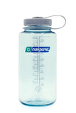A translucent Nalgene Sustain Wide Mouth Bottle 1000ML with measurement markings and a gray screw-on cap, filled partially with water, isolated on a white background.