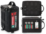 The black Survival Travel First Aid Kit features zippers, a carrying handle, and compartments for essentials. Ideal for adventurers, it showcases the "Survival First Aid" label on the front as a perfect remote outdoor companion.