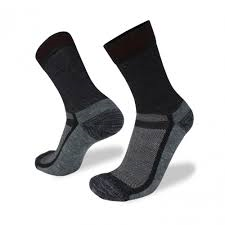 A pair of black and grey Wilderness Wear Cape to Cape Light Hiker Merino socks with enhanced breathability and durability, isolated on a white background.