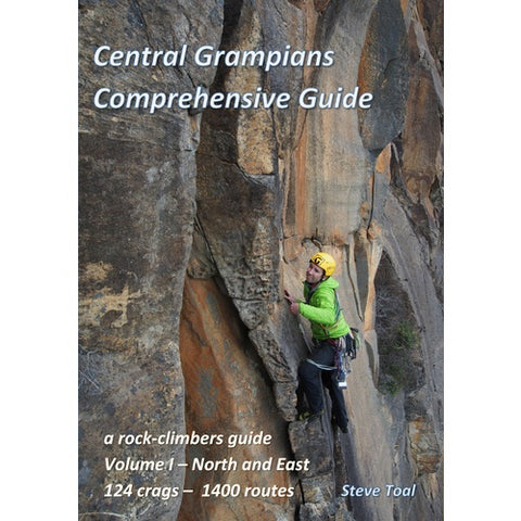 Climber ascending a rock face on one of the Grampians' noted climbing routes, showcased on Crash Dog Publications' Central Grampians Comprehensive Climbing Guide Vol. 1 cover.