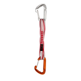 The Mammut Wall Light Express Set features a silver top carabiner, red and white nylon sling, and an orange bottom carabiner—ideal for climbers seeking a lightweight, fast option for any route.