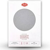 Front view of an AeroPress brand Able Disk for Aeropress package, featuring a perforated circular filter design and text indicating it is flexible, durable, and eco-friendly—a perfect hiking coffee solution compatible with the AeroPress Coffee Maker.