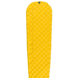 A yellow, rectangular inflatable sleeping pad with a diamond-shaped texture and a rounded top, the Sea to Summit Ultralight Mat As features distinct Air Sprung Cells for enhanced comfort. The "Sea to Summit" branding is prominently displayed along its length, making it an exceptionally comfortable choice for any outdoor enthusiast.