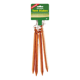 Coghlan's Ultralight Tent Pegs 4 Pack features four durable aluminium stakes with a three-sided design, pointed ends, and white cord attachments, perfect for securely anchoring your tent.