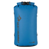 A blue, abrasion-resistant Big River Dry Bag by Sea to Summit with a roll-top closure, designed for waterproof storage and labeled "20L.