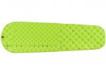 A bright green Sea to Summit Comfort Light Air Sprung Mat with a textured surface, Air Sprung Cells, and a multi-function high flow-rate valve, shaped to taper towards one end.