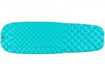 Introducing the Sea to Summit Comfort Light Air Sprung Mat—a turquoise, rectangular inflatable camping pad with a textured, honeycomb-like surface. Featuring a multi-function high flow-rate valve and Air Sprung Cells, it's designed for optimal comfort and convenience.