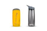 A yellow, cylindrical Sea to Summit Ultralight Mat As with Air Sprung Cells next to a gray CamelBak water bottle with a spout lid.