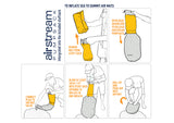 Instructions for using the Airstream Pump sack to inflate your Sea To Summit Ultralight Mat As: remove the mat, connect the plug, blow into the sack, then roll and push air into the mat for a perfect setup.
