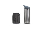 A camelbak eddy water bottle and a Sea to Summit Aeros Ultralight Pillow Deluxe, both in shades of gray, displayed against a white background.