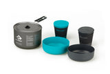 Introducing the Sea to Summit Alpha Cook Set 2.1: This lightweight, durable collection includes a pot with lid, two mugs with lids, and two bowls in striking teal and black. Perfect for all your outdoor adventures.