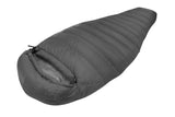 The Sea to Summit Treeline ATLI Sleeping Bag by Sea To Summit, a gray, mummy-style three-season sleeping bag, is shown spread out and viewed from an angle. Its hood is slightly opened and it features a reliable YKK side zip.