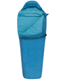 A women's-specific sleeping bag, the **Sea to Summit Venture VTI Sleeping Bag** in blue, features THERMOLITE® insulation and a hood, partially unzipped and displayed upright on a white background.