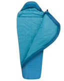 A versatile Sea to Summit Venture VTII Sleeping Bag in teal and blue is fully unzipped and laid flat, showcasing its THERMOLITE® insulation, interior, and hood for maximum comfort.