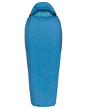 A versatile Sea to Summit Venture VTII Sleeping Bag, featuring THERMOLITE® insulation and adjustable ventilation, with a blue mummy-style design and a hood, viewed from the front.