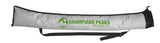 A gray cylindrical carrying bag with a shoulder strap and green "GRAMPIANS PEAKS WALKING CO." logo, ideal for storing Absolute Outdoors G.P.W.C. Base Camp QL Deluxe Walking Poles featuring Quicklock and Twistlock systems.