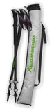 A pair of Absolute Outdoors G.P.W.C. Base Camp QL Deluxe Walking Poles with wrist straps and Quicklock/Twistlock mechanisms are placed next to a gray case labeled "Grampians Peaks Walking Co.