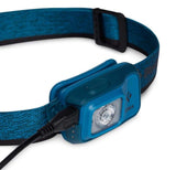 The Black Diamond Astro 300 Rechargeable Headlamp in Blue features an adjustable strap and includes a USB cable for charging. With its powerful 300 lumens, it's perfect for your outdoor adventures.