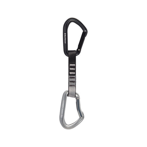 Black Diamond Hotforge 12cm Quickdraw with keylock functionality attached to a looped, brown climbing sling.