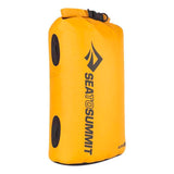 Yellow Sea to Summit Big River Dry Bag with a roll-top closure, crafted from non-PVC materials. The abrasion-resistant and waterproof design ensures durability. The brand name and logo are printed on the front.