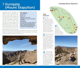 A page in the Best Walks of the Gariwerd/Grampians National Park 2nd edition by Woodslane features Gunigalg (Mount Stapylton) and includes a map, walk directions, and images of hikers on rocky terrain. The walking guide highlights a family-friendly 4.5 km track with elevation details and notable landmarks.