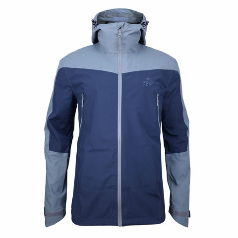A breathable, hooded navy and light blue waterproof outdoor 3 Peaks Men's Traverse Shell jacket with a front zipper and brand logo on the chest.
