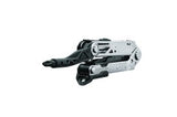 A Gerber Centre-Drive Multitool in silver and black, folded compactly and equipped with a magnetic bit driver, as well as an array of tools and attachments.