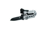 The Gerber Centre-Drive Multitool features an elegant silver handle and a partially extended black blade. With full-size blades and a magnetic bit driver, it's designed to integrate various tools for maximum functionality.