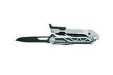 The Gerber Centre-Drive Multitool features an extended knife blade and a metal handle with a detailed design, offering full-size blades for versatile use.