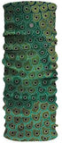 A vibrant Headsox Australian Indigenous Art neck gaiter featuring an Indigenous art-inspired green and black peacock print.