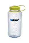 Clear Nalgene Sustain Wide Mouth Bottle 1000ML with measurement marks and a green lid, isolated on a white background.