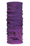 A purple Headsox Wildlife Conservation made from stretchy microfibre fabric, featuring bird illustrations and the text "cacatua galerita.