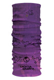A purple Headsox Wildlife Conservation made from stretchy microfibre fabric, featuring bird illustrations and the text "cacatua galerita.