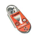 The Jetboil CrunchIt Fuel Recycling Tool by Jetboil is a compact, silver and orange device designed for recycling butane fuel canisters. It features a cutting edge and clear, printed instructions, meeting all recycling standards.