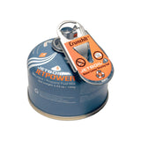 A Jetboil CrunchIt Fuel Recycling Tool by Jetboil is attached on top of a compliant Jetboil Jetpower isobutane/propane fuel canister for easy recycling.