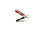 A handy keychain accessory is the Gerber Dime Multitool in red and black, showcasing stainless steel pliers in an extended position.