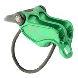 The DMM Pivot Belay Device by DMM is a versatile green belay device equipped with a black steel cable, ideal for climbing safety, and features guide mode for effortlessly lowering seconds.