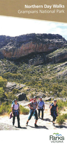 A group of hikers trekking in the Grampians National Park, highlighted within an updated promotional flyer for Parks Victoria Northern Day Walks Map by Parks Victoria.