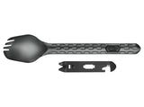 The Gerber Devour Tactical Spork, a lightweight tool from Gerber, boasts a sleek black spork with a textured handle and includes a multi-tool offering 9 functions, such as a bottle opener.