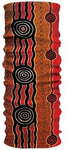A red and black Headsox Australian Indigenous Art neck gaiter featuring an Aboriginal Desert art design.