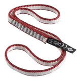 Red and white Black Diamond 10MM Dynex Runners with a black label indicating a strength of 22kn, arranged in a loose coil isolated on a white background.