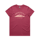 The Absolute Outdoors Women's Grampians Peaks Trail Tee by Machine Printers is a maroon shirt with "Grampians Peaks Trail" text and a white mountain graphic, inspired by the stunning Grampians Mountains.