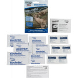 AMK Adventure Medical Kits Glacier Gel blister and burn dressings packaging, along with several individual gel pad packets, spread out on a surface.